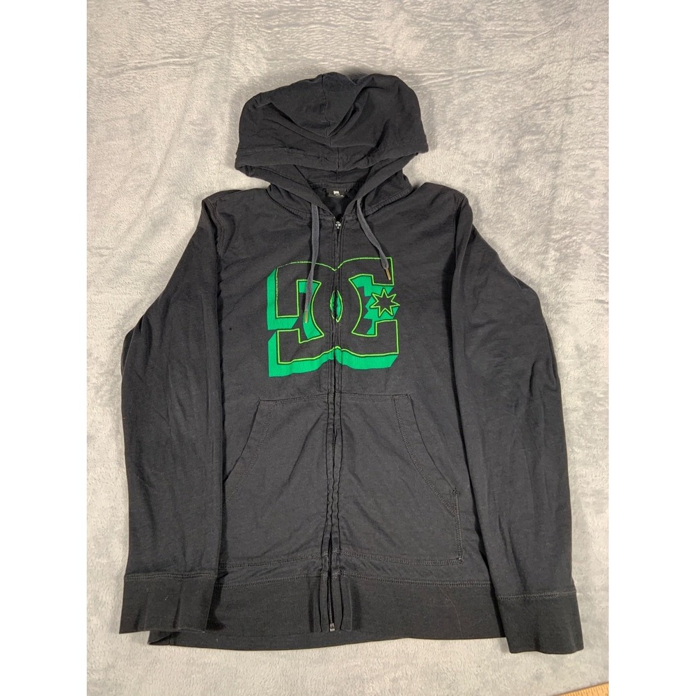 Y2K DC Shoes Skateboarding Hoodie Mens L Black Full Zip Hooded Kangaroo Pockets